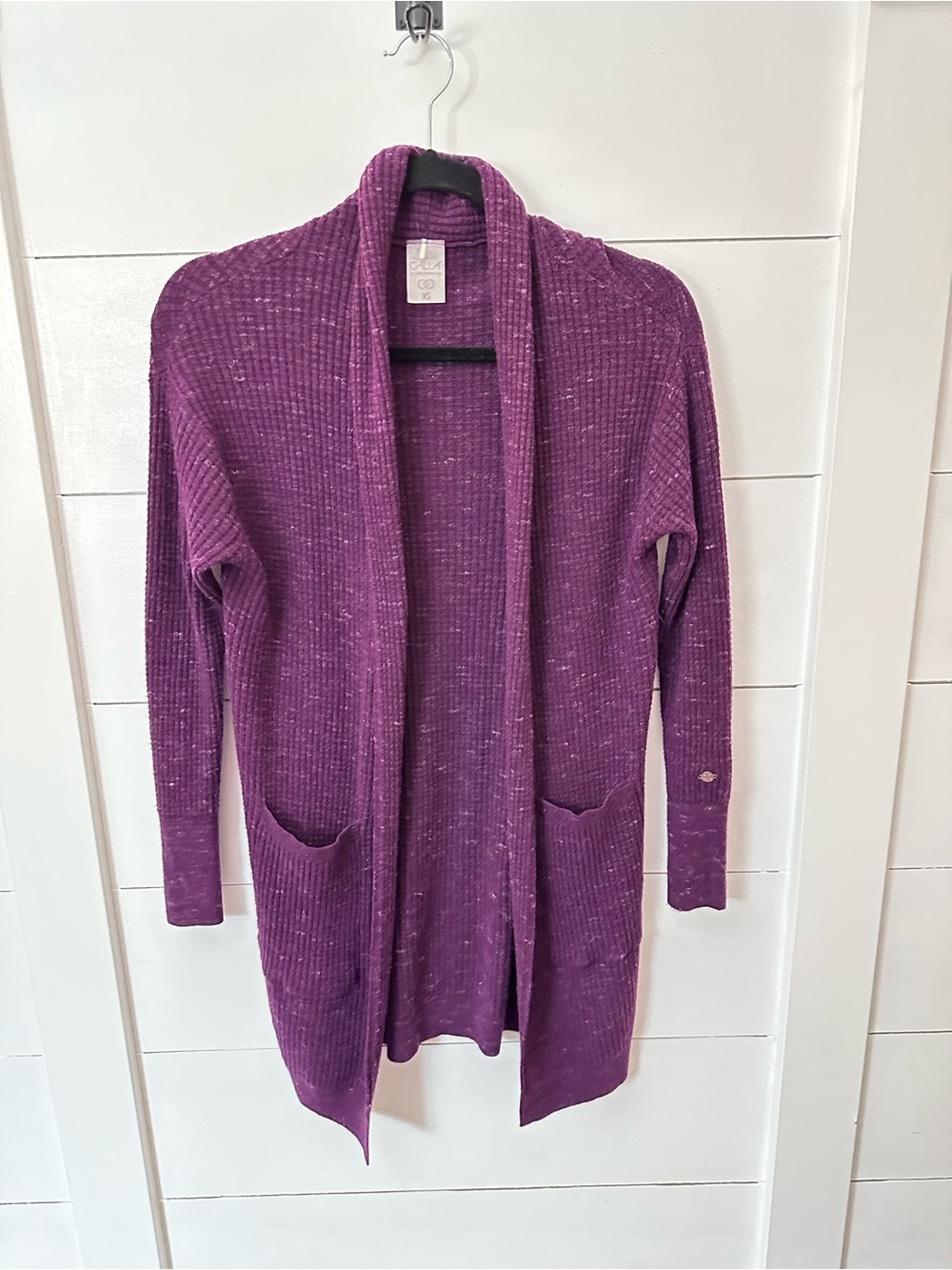 Calia XS purple ribbed open fold over collar stretchy activewear midi cardigan